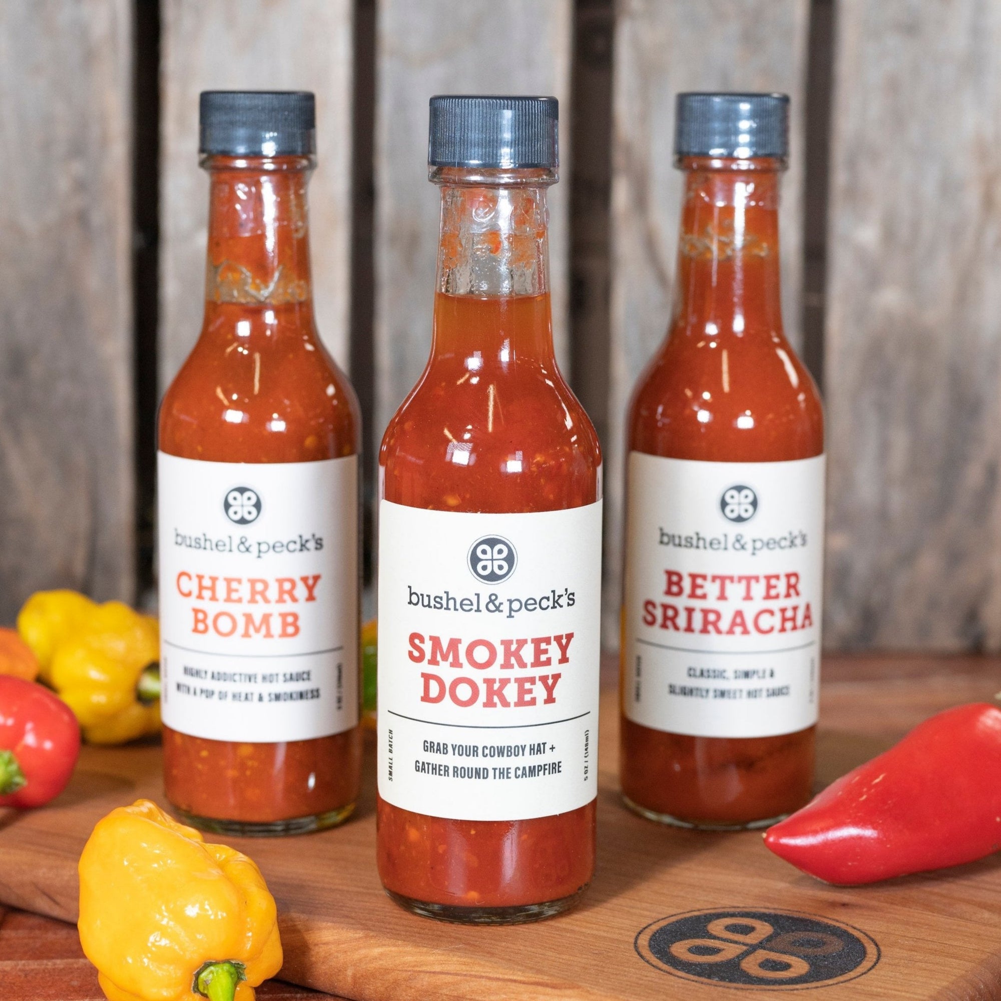 B&P's Fiesta Favorites! Hot Sauce Trio - Small Batch Handmade Hot Sauce Gift Box Cherry Bomb, Better Sriracha, Smokey Dokey