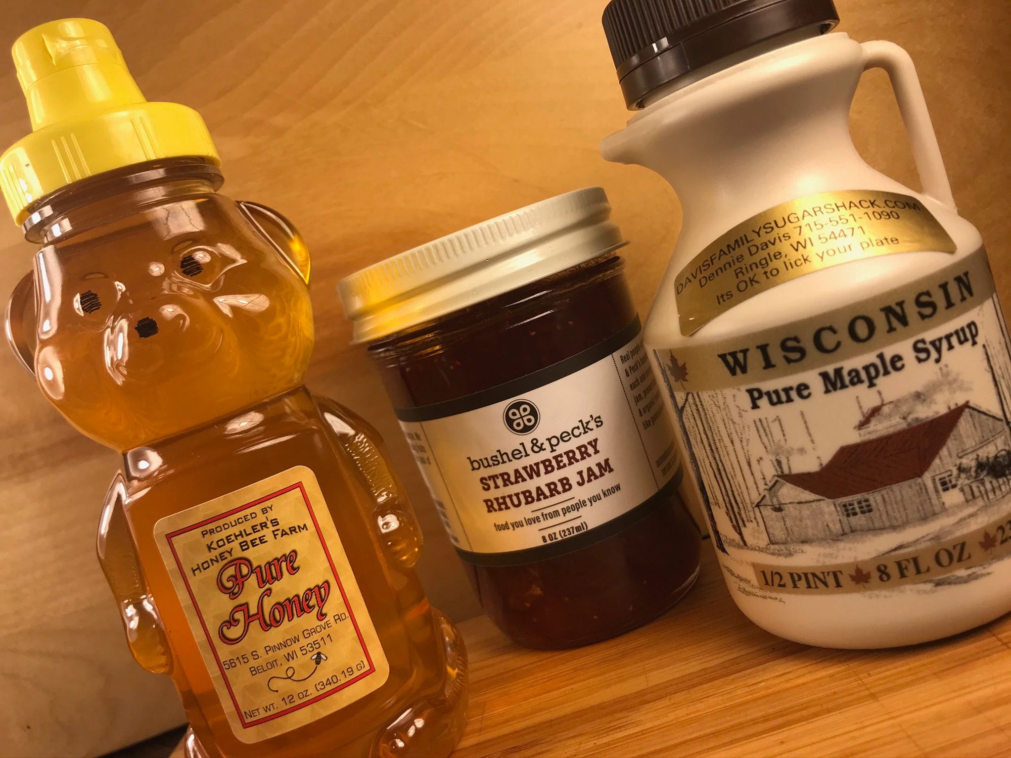 B&P's Wisco Classics Gift Set - Strawberry Rhubarb Jam, Clover Honey, Wisconsin Pure Maple Syrup